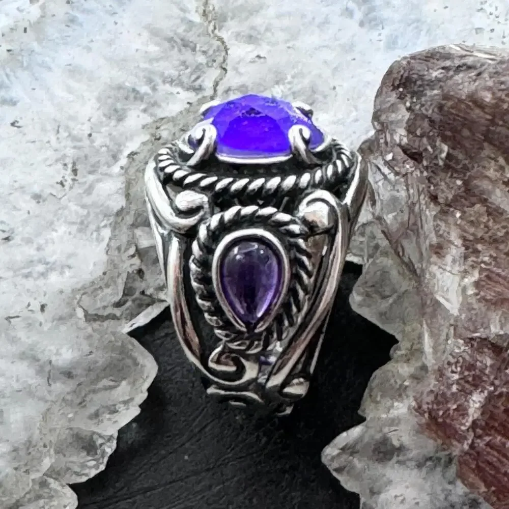 Carolyn Pollack Sterling 3 Amethyst Decorated Doublet Ring Size 5 For Women